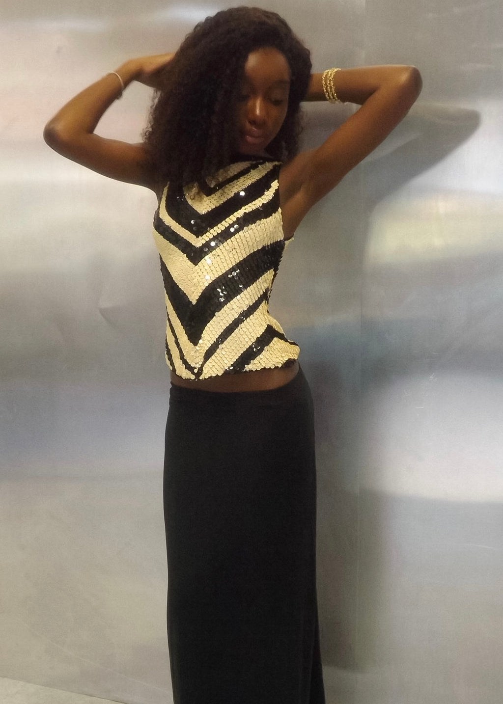 Lipsy Black & Beige Sequin Top