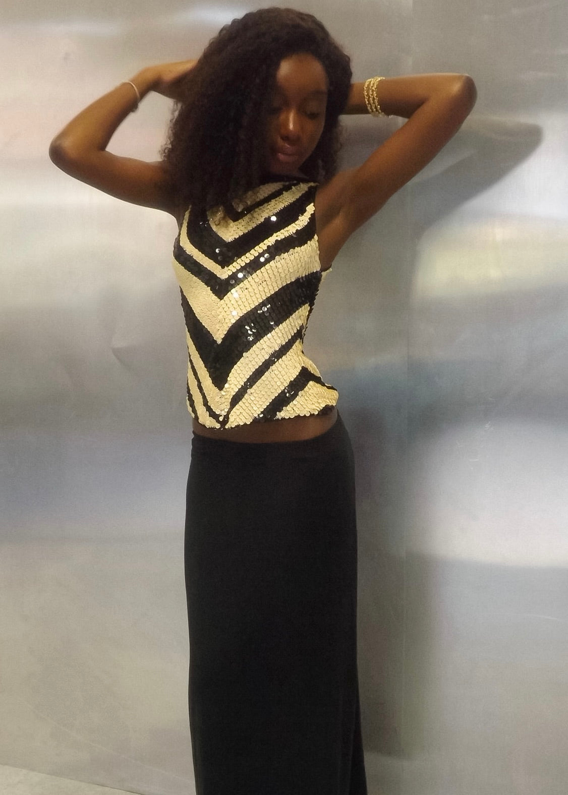 Lipsy Black & Beige Sequin Top