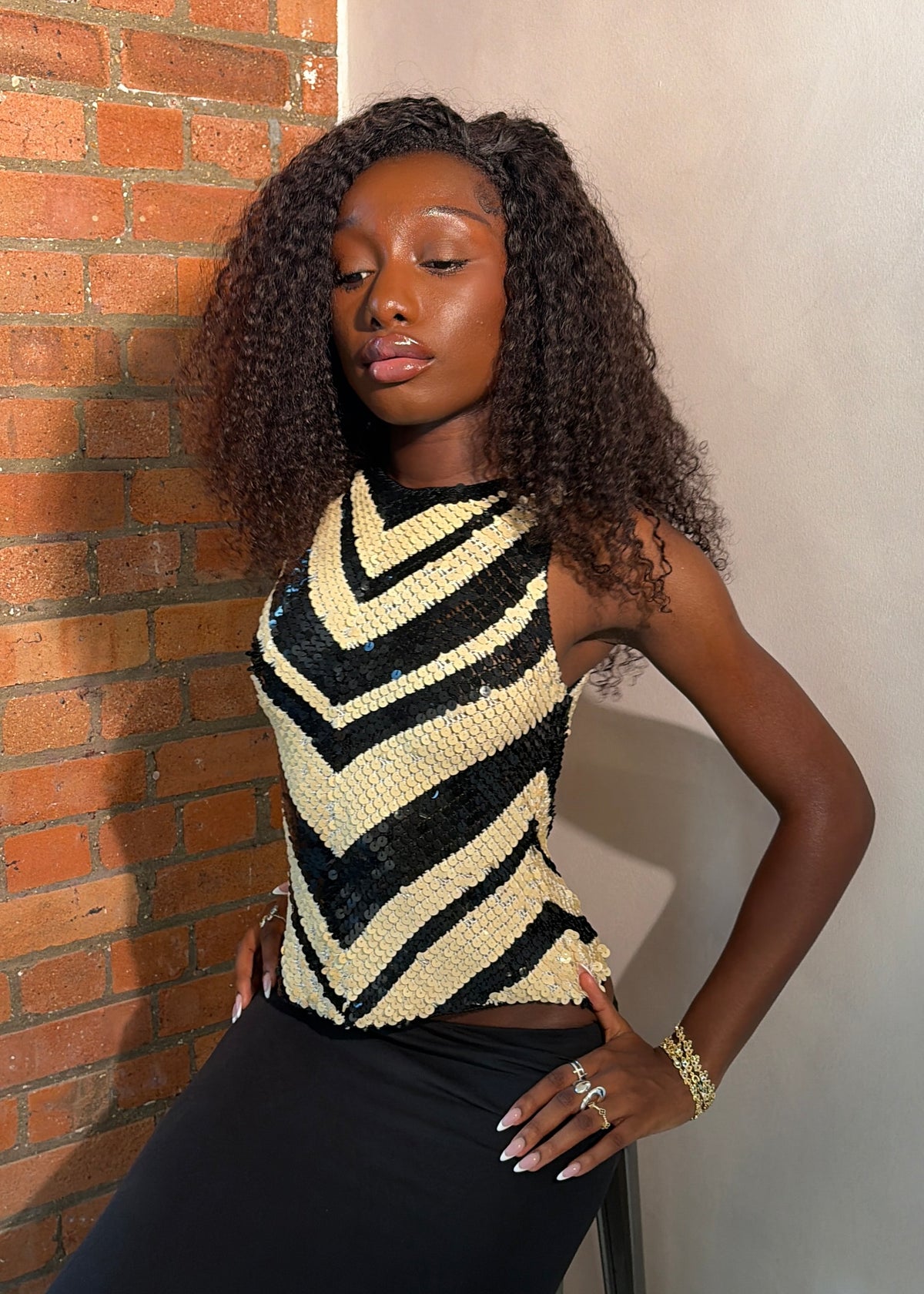 Lipsy Black & Beige Sequin Top
